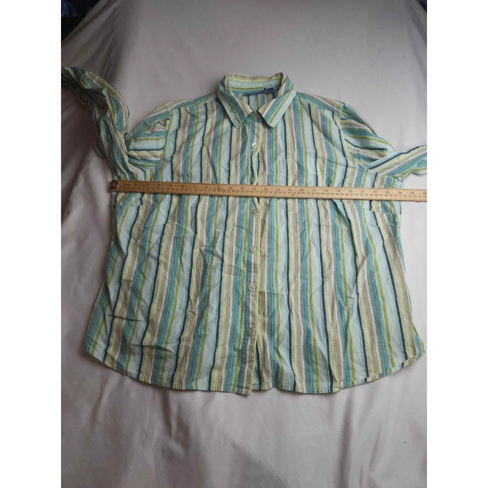 Blassport Woman 2X Striped Button Down Shirt Blue Green Lurex Metallic Cotton